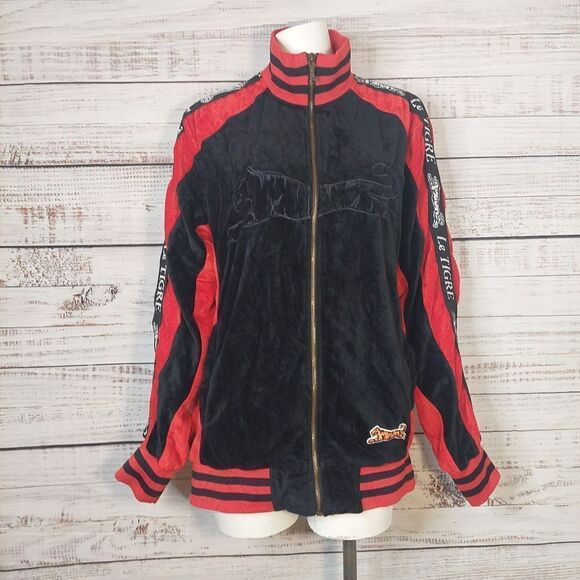 Le Tigre Mens L Black & Red Velour Embroidered Jacket - Picture 1 of 14